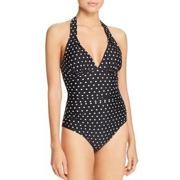 Lauren Ralph Lauren Womens Swimsuit 16 Black Polka Dot One Piece Halter Ruched - Picture 1 of 13